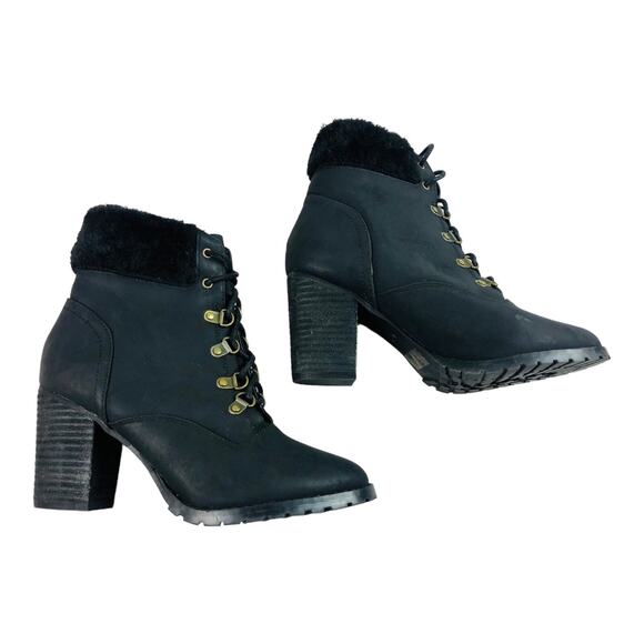 Comfort Plus Womens Black Chunky High Heeled Lace Up Combat Boot Faux Fur Size 7 - Picture 2 of 7